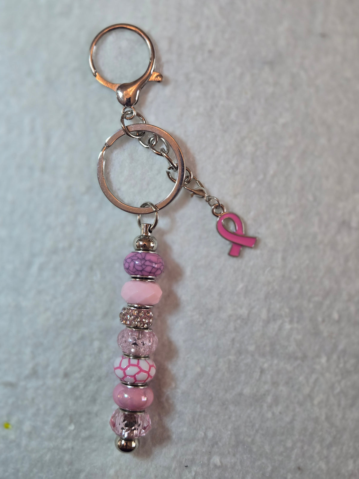 K4 Pink long Beaded Keychain with crackle beads in Silver