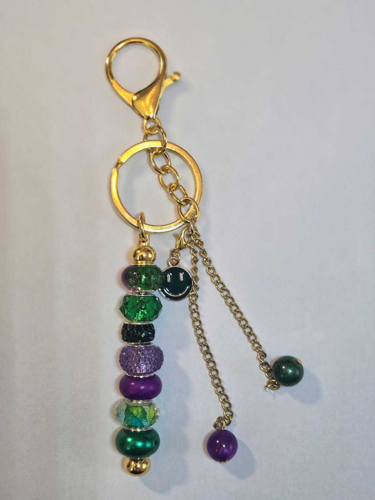 GL13 Purple and Green Beaded Keychain with smiley face and beaded chains