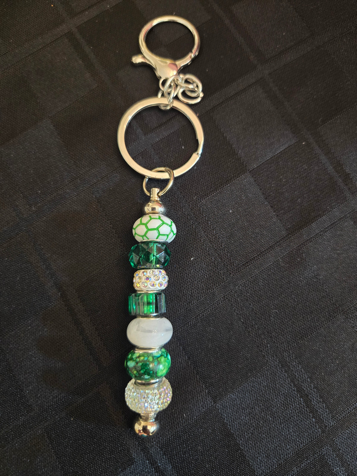 SL36 Stand Up and Cheer Green and White Beaded Keychain