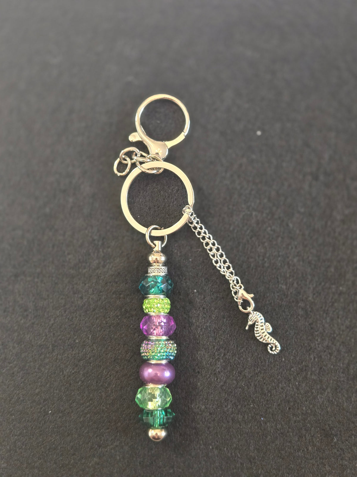 SL11 Green and Purple Beaded Keychain with Seahorse charm