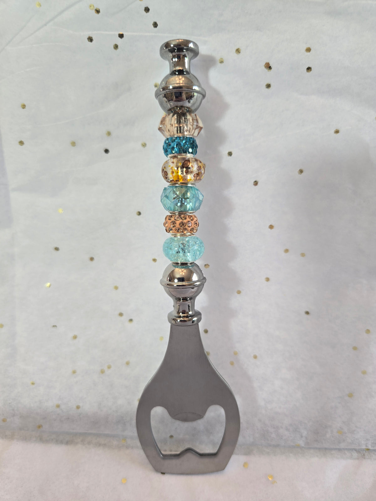 BO5 Teal and Tan Beaded Bottle Opener