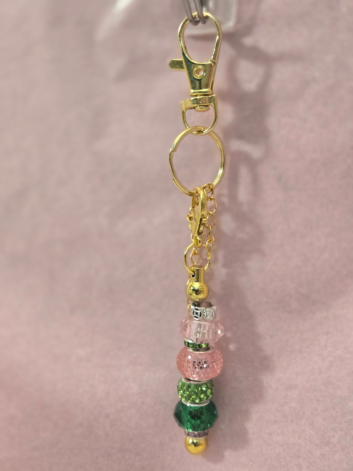 KD1 Pink and Green Short Beaded Keychain in Gold