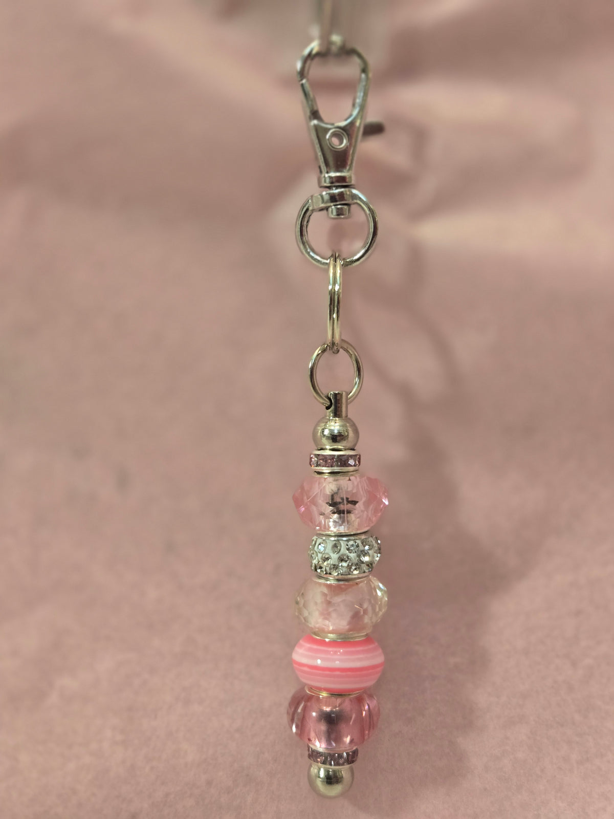 K2 Light Pink Beaded Keychain in Silver (Short)